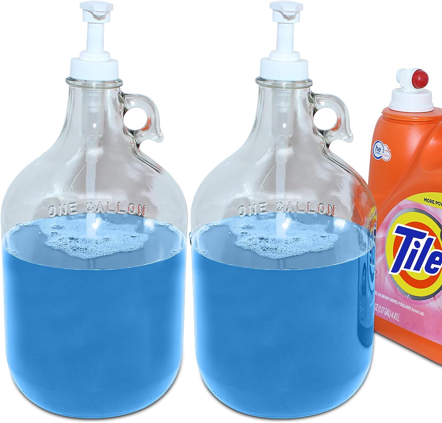 Skywin Gallon Pump Dispenser - 2 Pack Glass Laundry Detergent Dispenser for Laundry Room good as Laundry Detergent Dispenser Glass Jar, Fabric Softener Dispenser, Liquid Laundry Soap Dispenser (White)