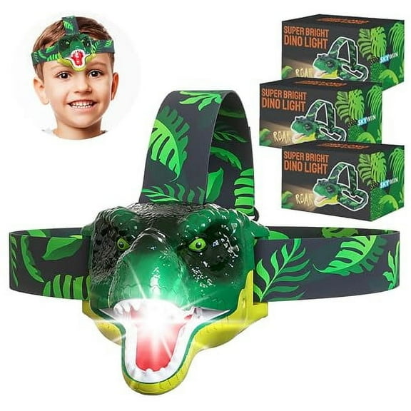 Skywin Kids Headlamp - 3 Pack, 2.8 x 2.9 x 2.7” Dinosaur Headlamp for Kids, Squeeze Mouth to Switch, Roaring Sound Dinosaur Head Lamp, with Adjustable Strap Kids Camping Hunting Gear,Kids Flashlights