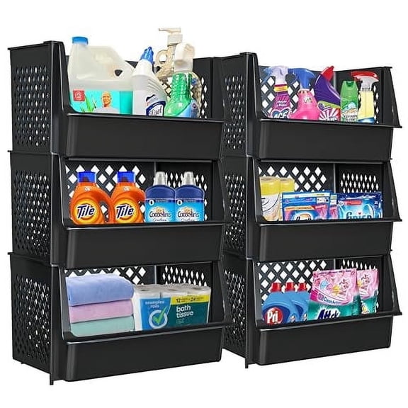 Skywin Large Plastic Stackable Storage Bins for Pantry - 6 Pack, Stackable Bins For Organizing Food, Kitchen, and Bathroom Essentials (Black)