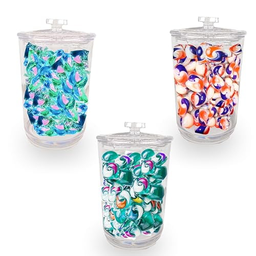 Skywin Laundry Pod Container Jar with Lid (Clear) - 3 Pack Tall Laundry Pod Storage Container for Laundry Room Organization Laundry & Dishwasher Pod Laundry Container