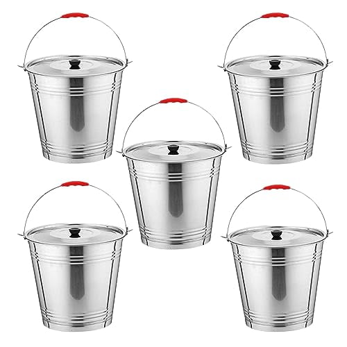 Skywin Metal Can with Lid - Durable 4 Gallon Metal Bucket with Lid for Heavy Loads - Environment-Friendly Metal Trash Can with Lid Outdoor, Safe Alternative to Plastic (5 Pack)