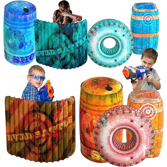 Skywin Obstacles for Play Wars - 8 Pieces Easy Set Up Inflatables Compatible with Nerf Gun Party and Laser Tag Game - Battle Obstacles Great for Shelter (4Pcs Blue, 4Pcs Orange)