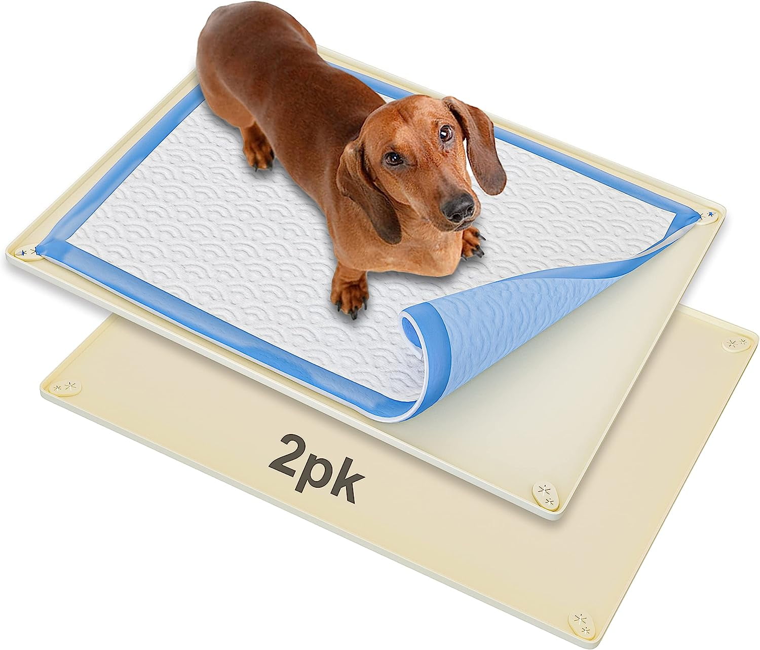 Skywin Pee Pad Holder - No Spill and Leaks Silicone Puppy Pad Holder, Secure 30 x 23 Inches Pee Pad (30Lx23W, 2 Pack, Beige)