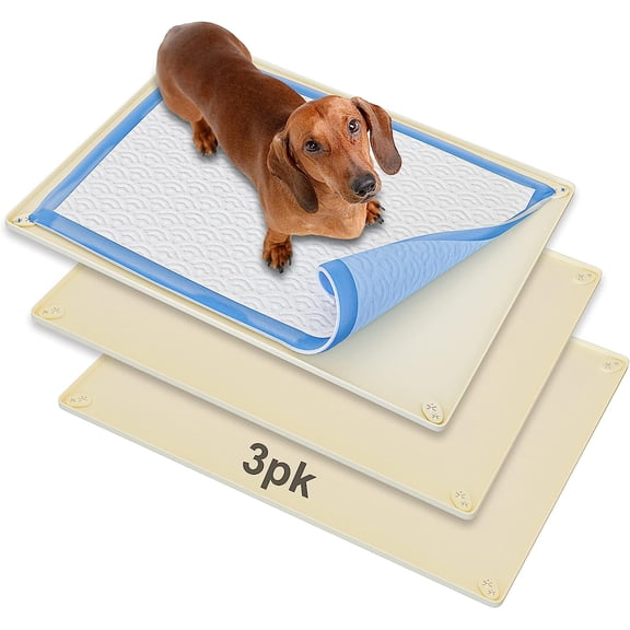Skywin Pee Pad Holder - No Spill and Leaks Silicone Puppy Pad Holder, Secure 30 x 23 Inches Pee Pad (30Lx23W, 3 Pack, Beige)