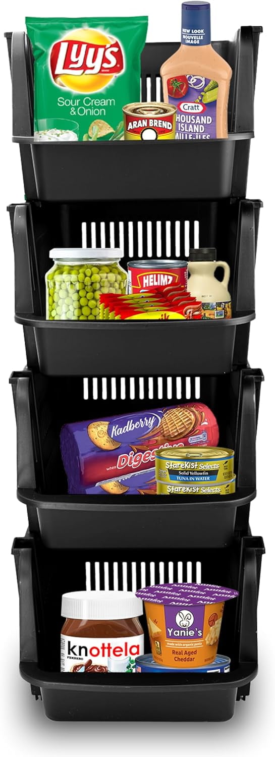 Large Black Plastic Stackable Storage Bins for Kids