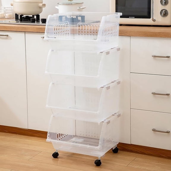 Skywin Plastic Stackable Storage Bins Clear - Large 4 Pack Open Front Storage Bins For Toy Organizers and Storage Bins For Pantry, Kitchen, and Bathroom Essentials (Line-Dot)