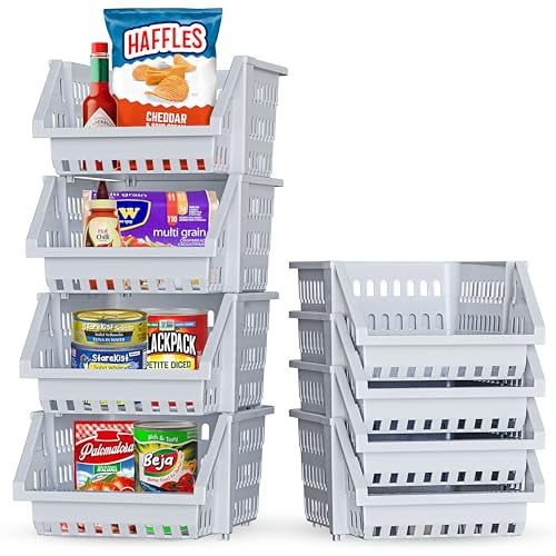 Skywin Plastic Stackable Storage Bins, Light Grey, 4 Count