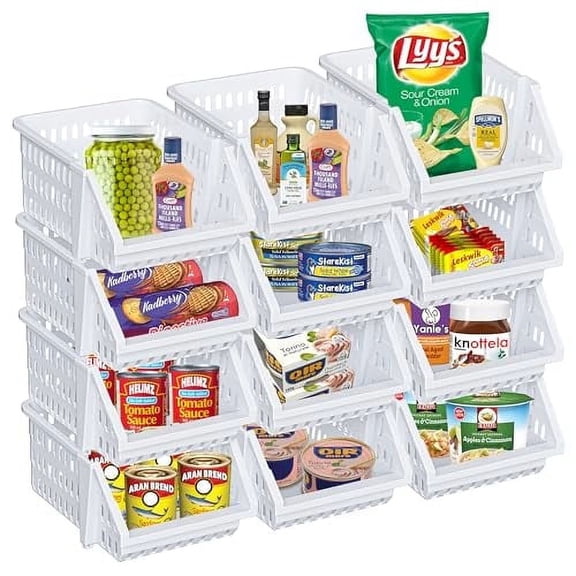 Skywin Plastic Stackable Storage Bins for Pantry - 12 Pack Small Open Front Storage Bins For Toy Organizers and Storage Bins For Pantry, Kitchen, and Bathroom Essentials