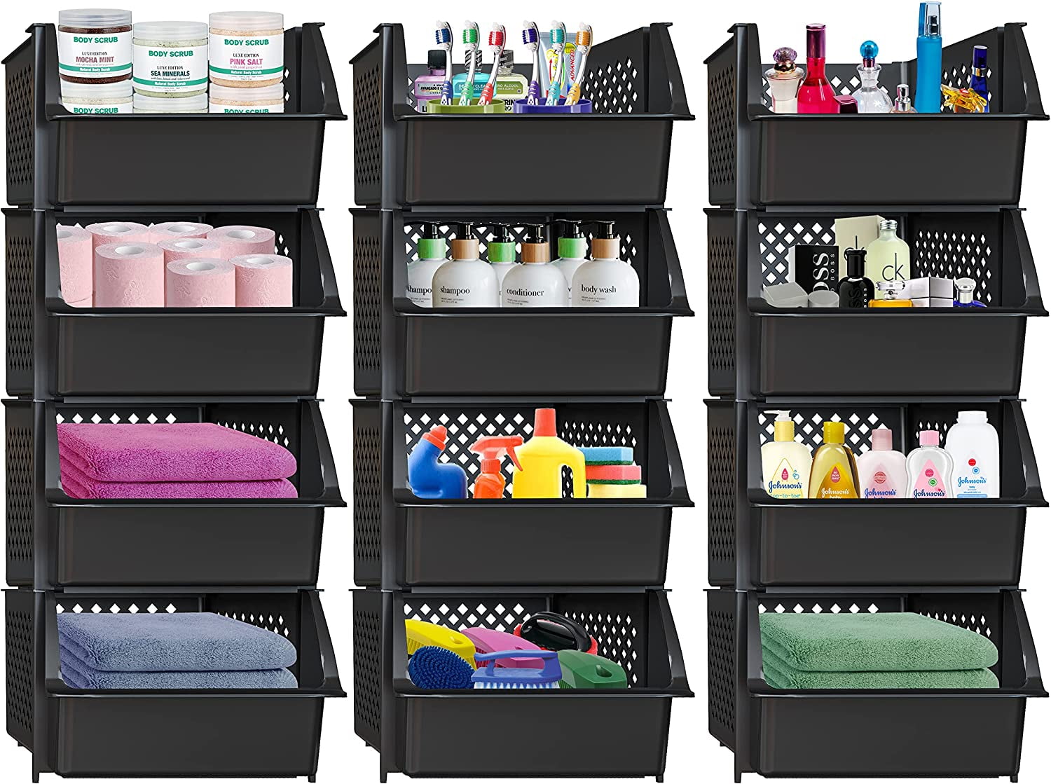 Skywin Plastic Stackable Storage Bins for Pantry 12 Pack Black