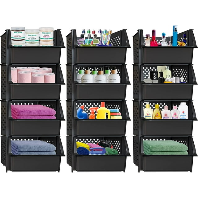 Skywin Plastic Stackable Storage Bins for Pantry 12 Pack Black