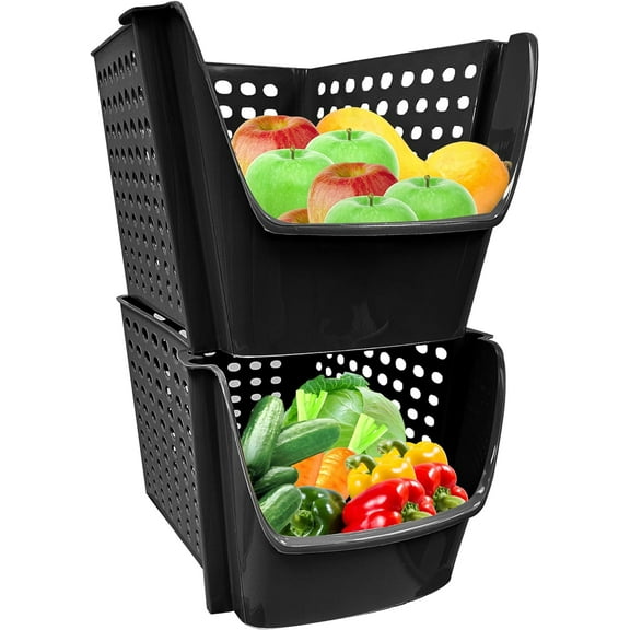 Skywin Plastic Stackable Storage Bins for Pantry - 2-Pack Black Stackable Bins For Organizing Food, Kitchen, and Bathroom Essentials
