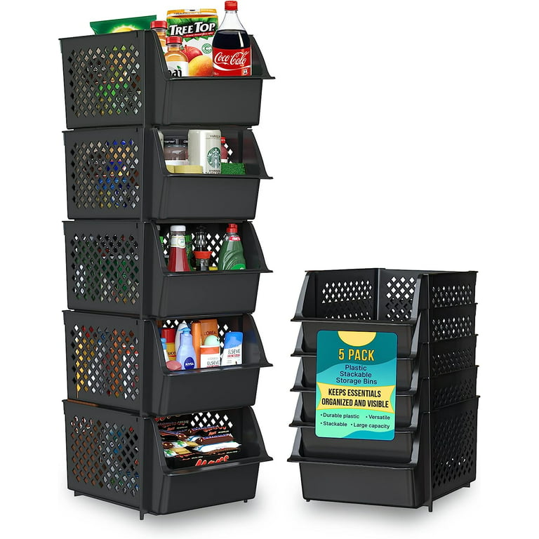 Skywin Plastic Stackable Storage Bins for Pantry - 4-Pack Black
