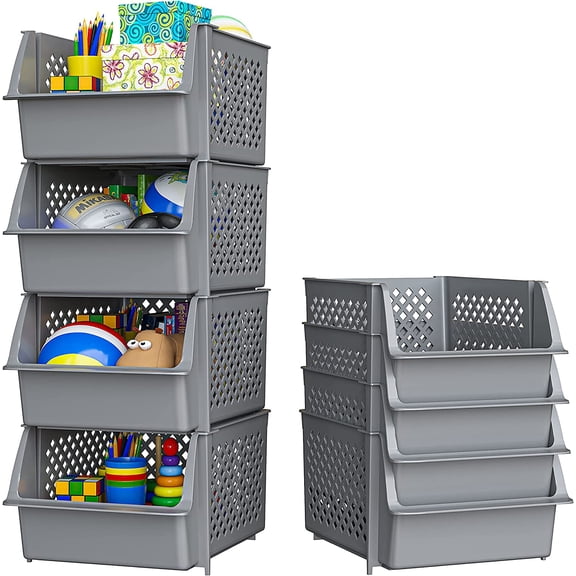Skywin Plastic Stackable Storage Bins for Pantry - Stackable Bins For Organizing Food, Kitchen, and Bathroom Essentials (Grey - 4 Pack)