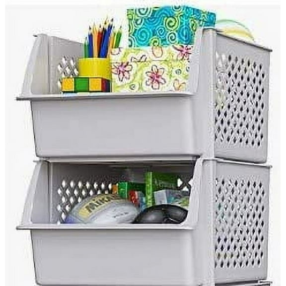 Skywin Plastic Stackable Storage Bins for Pantry - Stackable Bins For Organizing Food, Kitchen, and Bathroom Essentials (Light Grey, 2-Pack)