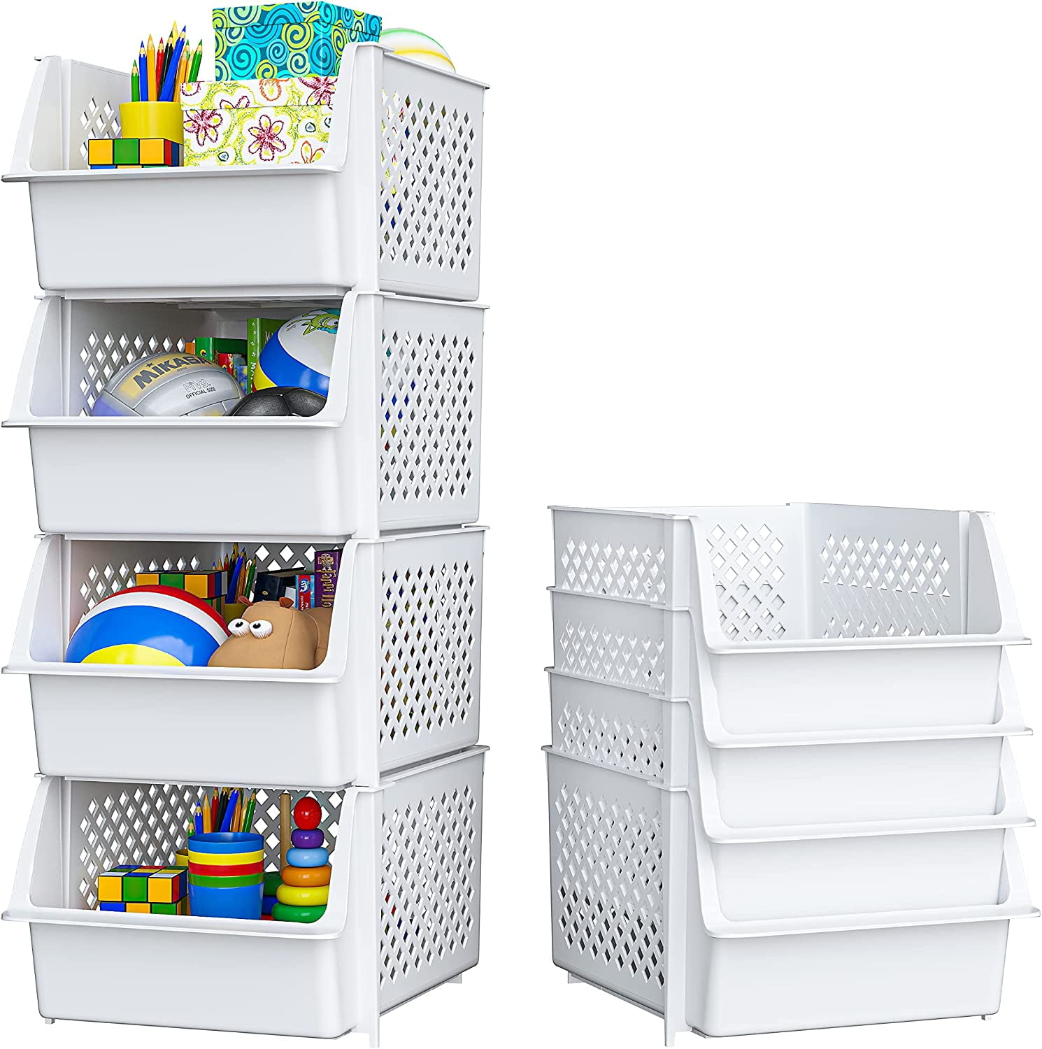 Set of 4 Stackable Storage Bins Open Front, Storage Containers for Food  Snacks Toys Toiletries, Plastic Organizer Bins Multiuse for Kitchen,  Playroom, Classroom, Pantry, Bathroom