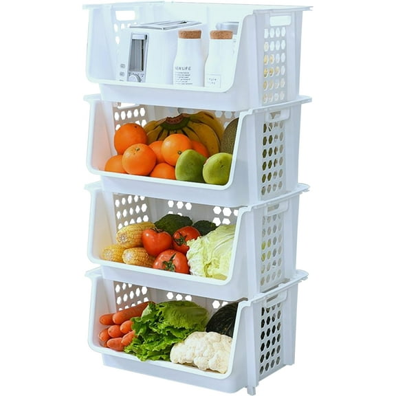 Skywin Plastic Stackable Storage Bins for Pantry White - 4-Pack Large Stackable Bins For Organizing Food, Kitchen, and Bathroom Essentials (Hexagon)