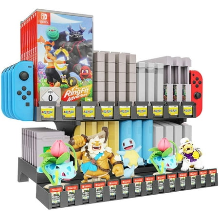 Skywin Retro Games Cartridge Holder Compatible with Nintendo Gameboy, Switch, NES, N64, and 3DS Games - 61 Games Capacity, Includes Slots for Switch Tablet, Joycon Controllers, and Amiibo Display