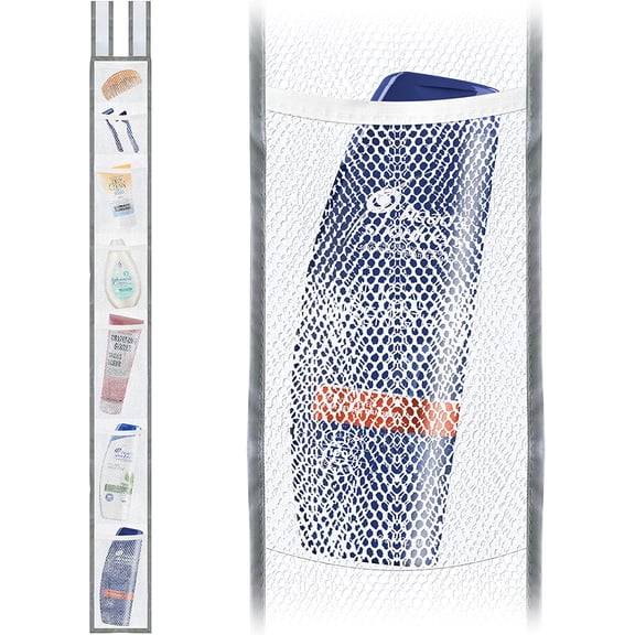 Skywin Shower Liner With Pockets, Hanging Mesh Shower Caddy – 57 x 6 Inches with 7 Pockets, 100% Polyester Mesh Fabric, Adjustable Velcro Strap or Hook, Pocket Shower Curtain