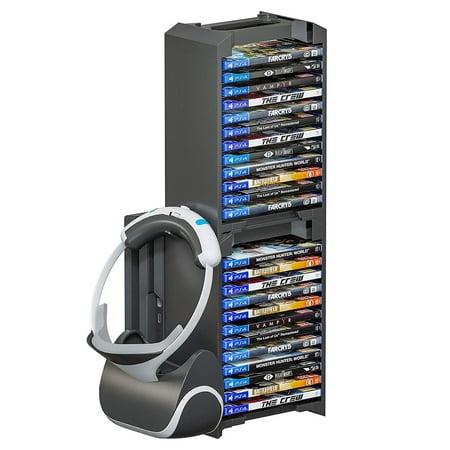 Skywin VR Headset & Video Game Organizer - 24 CD Game Disk Tower, VR Headset Hanger, and Vertical Stand Compatible with PSVR