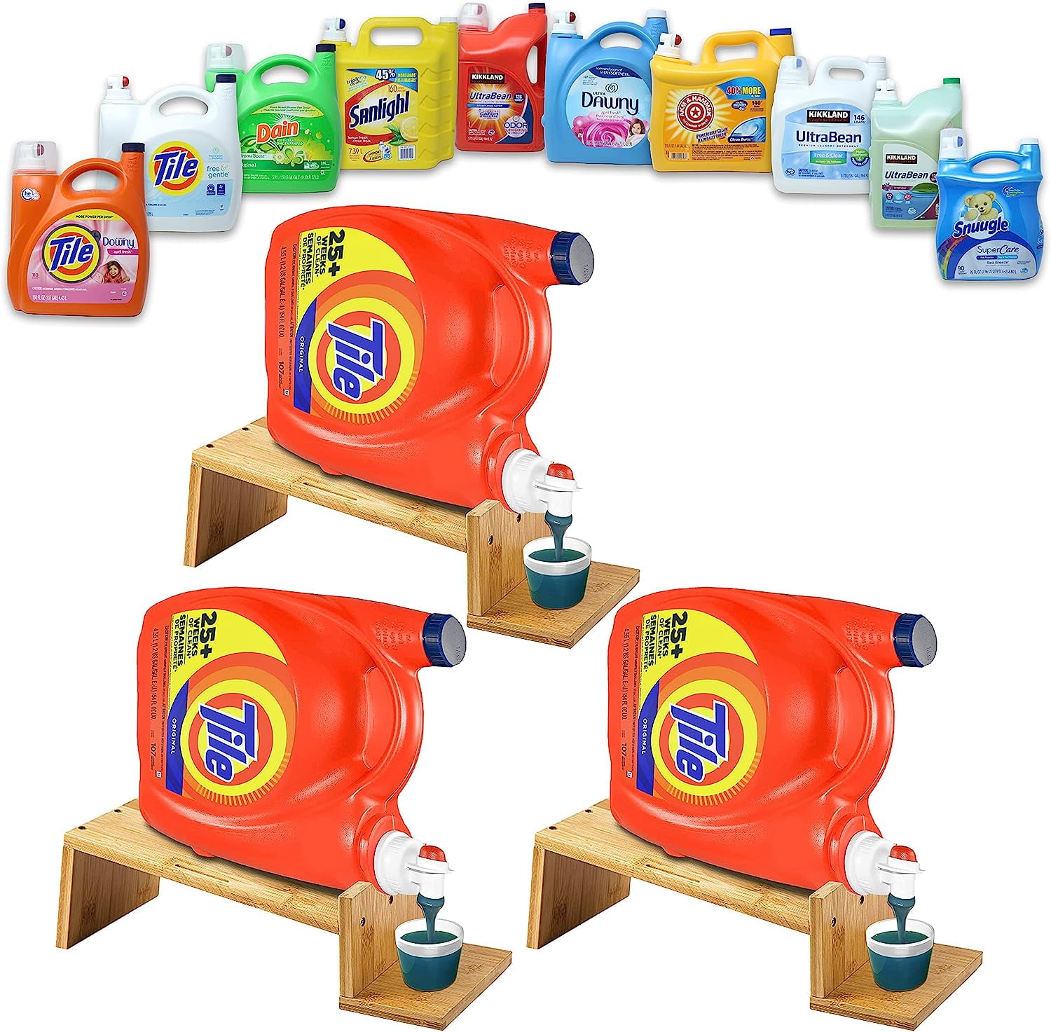 Skywin Wood Laundry Detergent Holder 3 Pack Wood Soap Dispenser Wood Laundry Bottle Stand