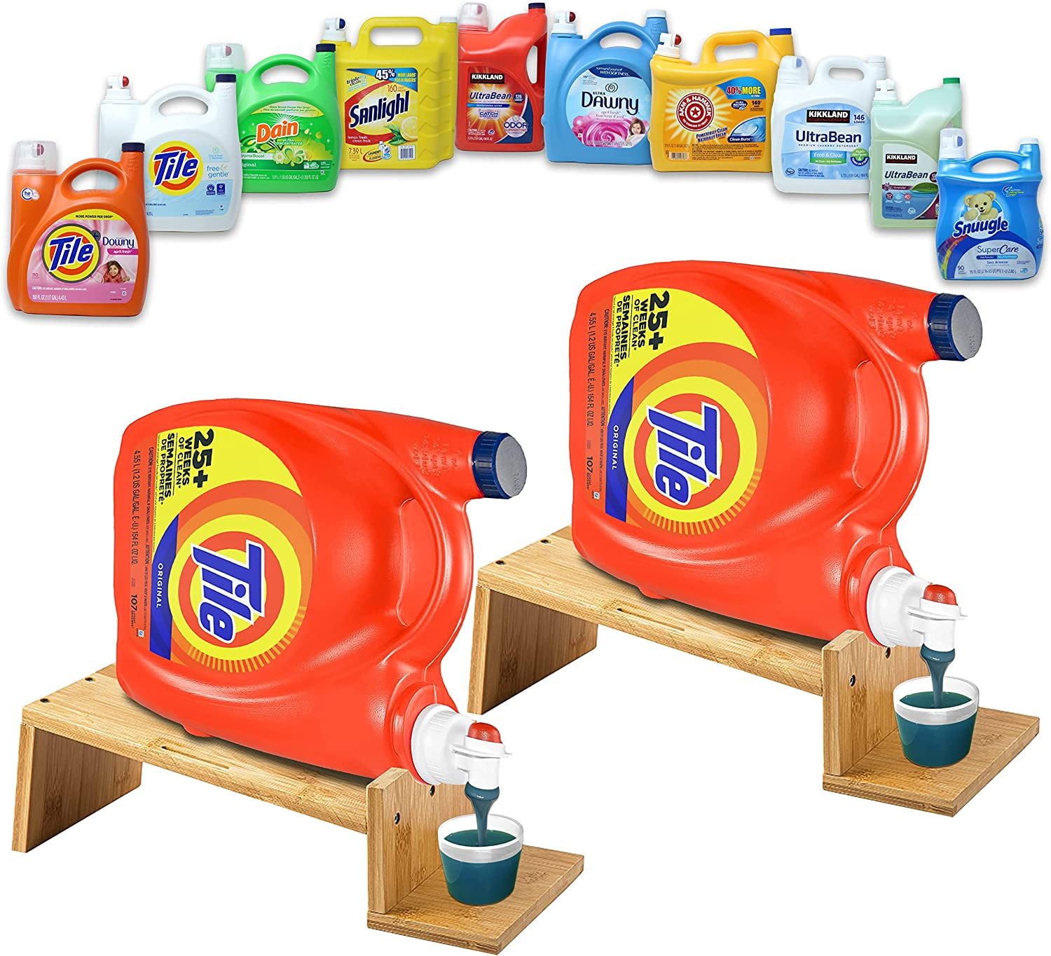 Skywin Wood Laundry Detergent Holder Wood Soap Dispenser 2 Pack Wood Laundry Bottle Stand