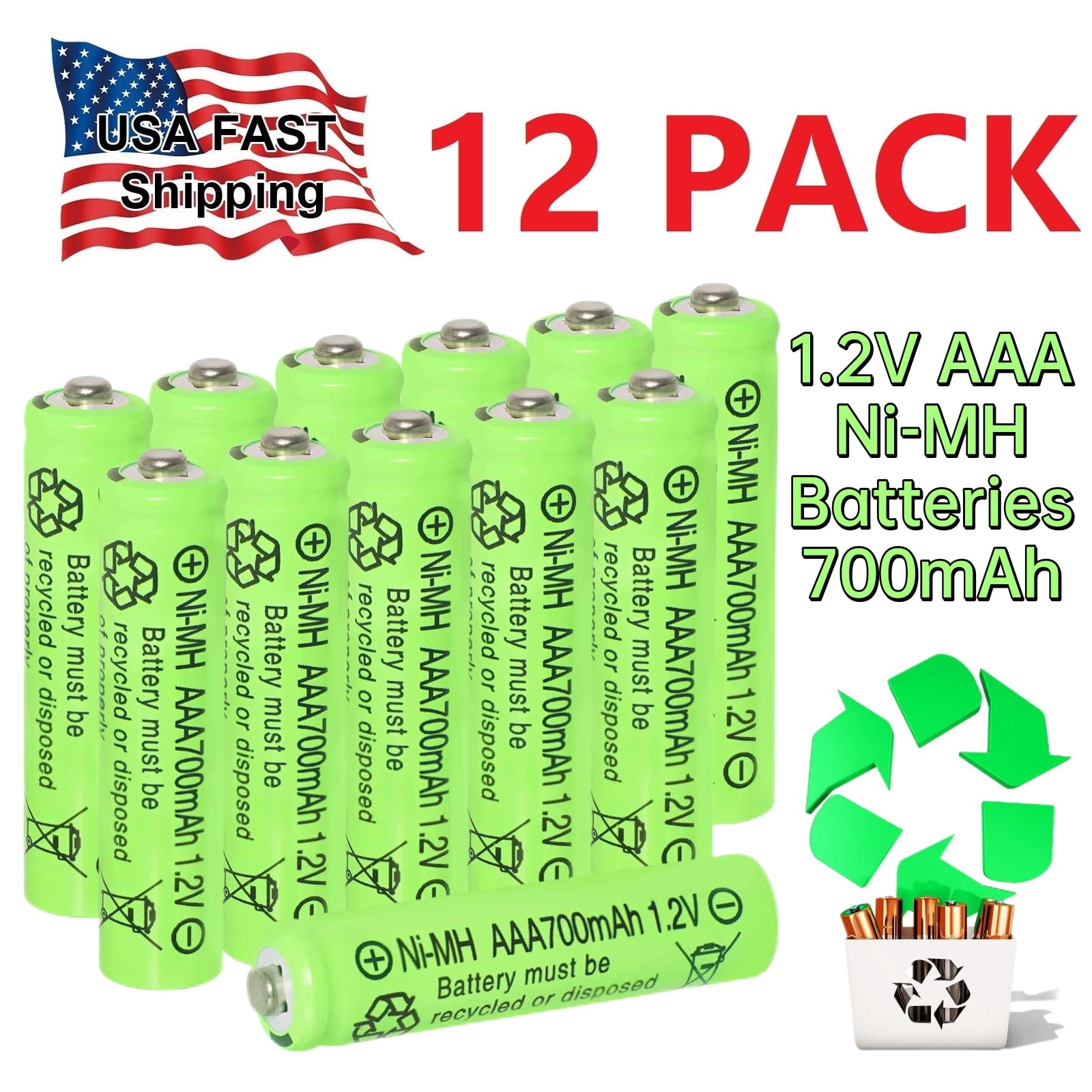 Skywolfeye 12 Pack Rechargeable AAA Batteries, Ni-MH Triple A alkaline Batteries for Solar Lights