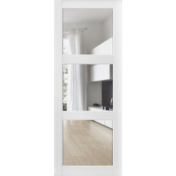Slab Barn Door Panel Clear Glass 3 Lites 24 x 96 inches | Lucia 2555 Matte White | Sturdy Finished Doors | Pocket Closet Sliding