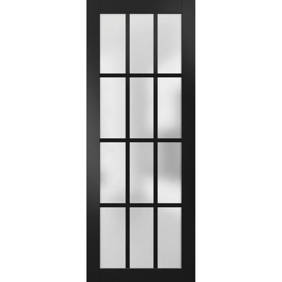 Slab Barn Door Panel Frosted Glass 12 Lites | Felicia 3312 Matte Black | Sturdy Finished Doors | Pocket Closet Sliding -24" x 84"