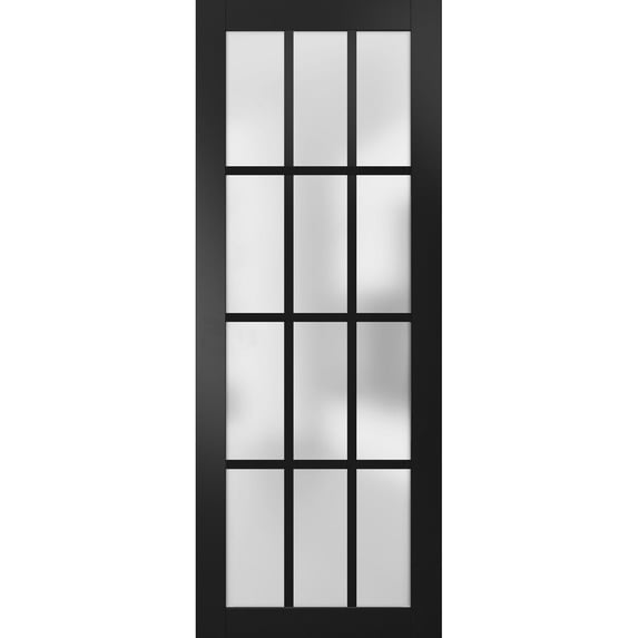 Slab Barn Door Panel Frosted Glass 12 Lites | Felicia 3312 Matte Black | Sturdy Finished Doors | Pocket Closet Sliding -30" x 80"