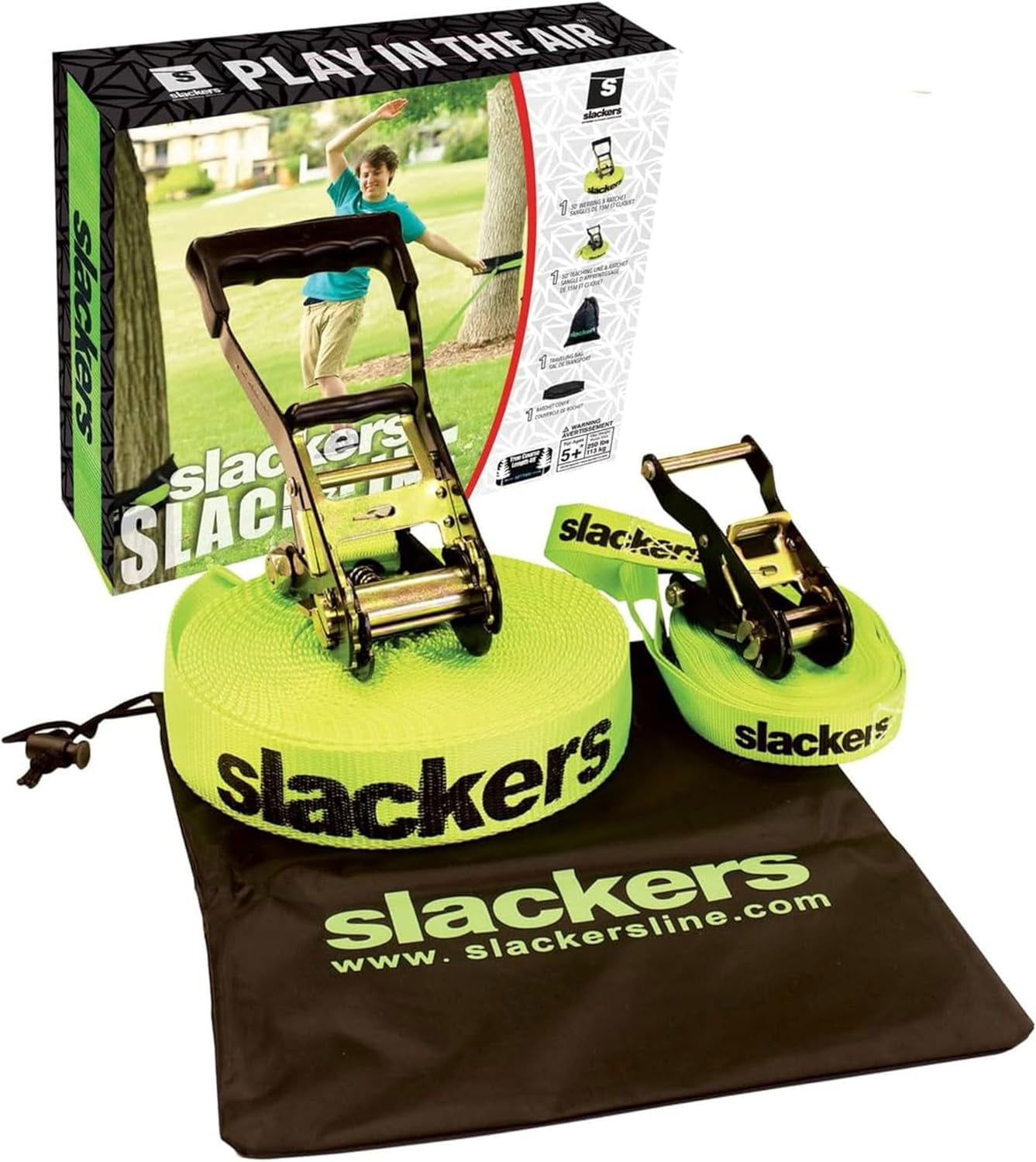Slackers 50-Feet Slackline Classic Set with Bonus Teaching Line, Green ...