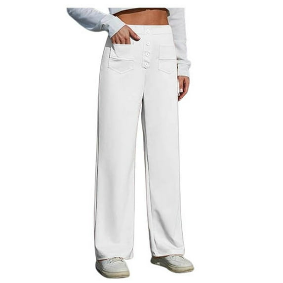 Slacks Women Work Pants High Elastic Waisted Straight Wide Leg Button Down With Pockets Dress Pants Women High Waisted White L