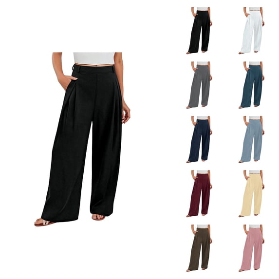 Slacks for Women Elastic High Waist Wide Straight Leg Loose Fit Business Casual Work Pants with Pockets