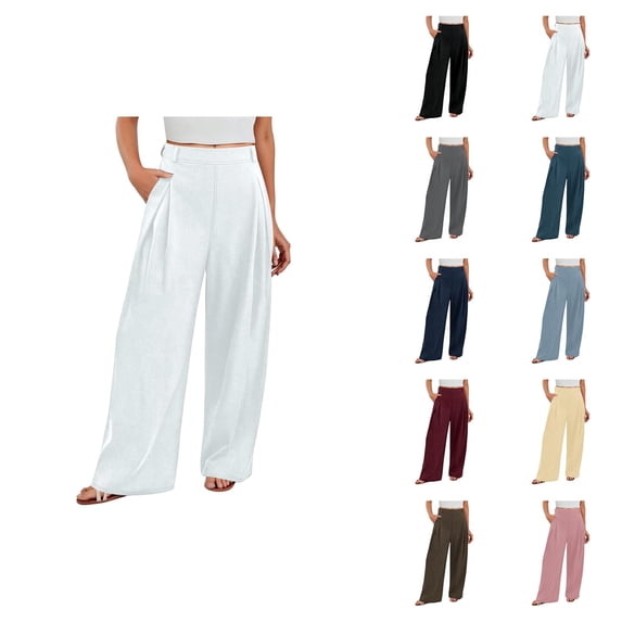 Slacks for Women Elastic High Waist Wide Straight Leg Loose Fit Business Casual Work Pants with Pockets