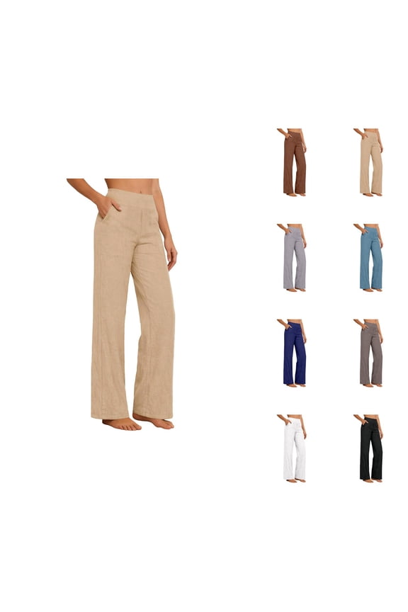 Slacks for Women Spring Summer Elastic High Waist Wide Straight Leg Casual Loose Cotton Linen Pants with Pockets Work Trouser