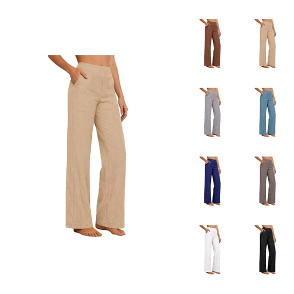 Slacks for Women Spring Summer Elastic High Waist Wide Straight Leg Casual Loose Cotton Linen Pants with Pockets Work Trouser