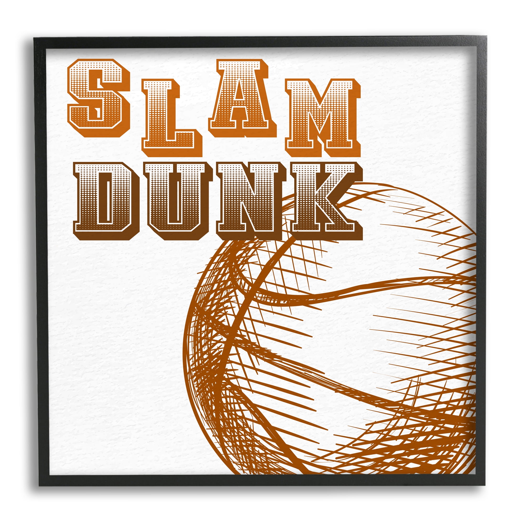 Slam Dunk Basketball Sports Ball Orange Varsity Typography Sports Framed Art Print Wall Art, 17x17