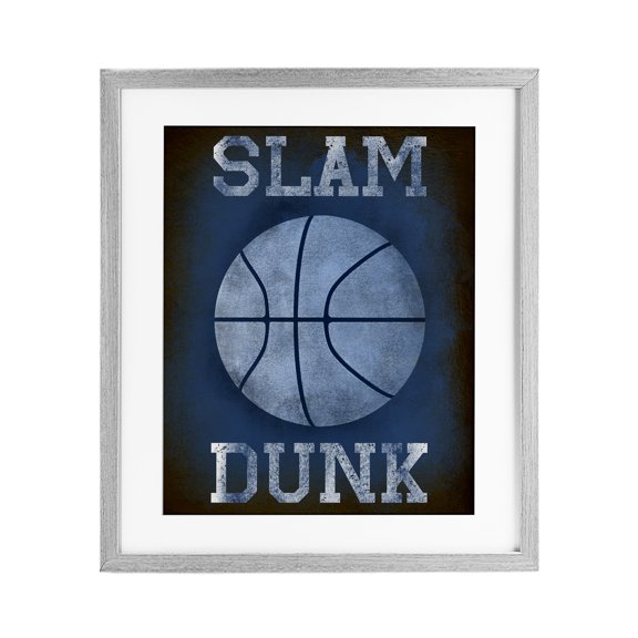 Stupell Industries Slam Dunk Navy Blue Sports Gray Framed Print Under Glass, design by Marcus Prime, 16 x 13