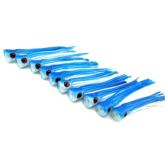 Slammer Chuggers Lures 10 Pack 11cm Diameter for Sm & M Ballyhoo Tuna, Sailfish, Marlin,Mahi Lures Blue White