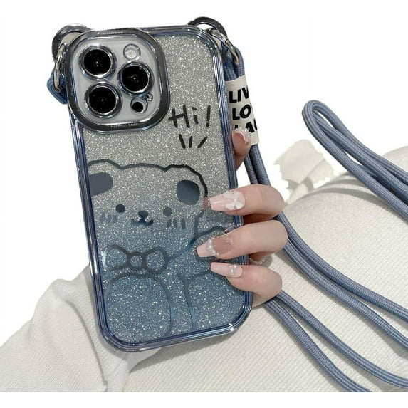Slant Cute Bear Glitter Electroplating Full Cover Case, Free Your Hands with Nylon Lanyard, Drop Proof for iPhone 15 14 13 12 11 Pro Max XS XR X Phone Case (Blue,iPhone 13 Pro)