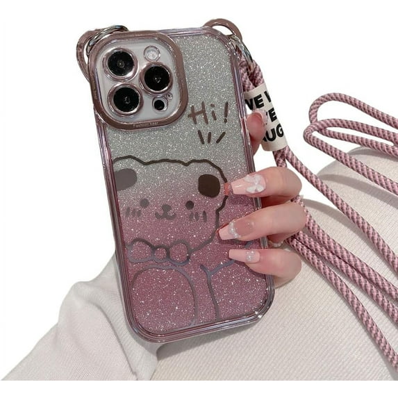 Slant Cute Bear Glitter Electroplating Full Cover Case, Free Your Hands with Nylon Lanyard, Drop Proof for iPhone 15 14 13 12 11 Pro Max XS XR X Phone Case (Pink,iPhone 15 Pro Max)