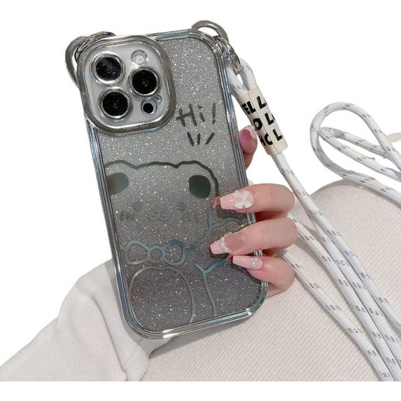 Slant Cute Bear Glitter Electroplating Full Cover Case, Free Your Hands with Nylon Lanyard, Drop Proof for iPhone 15 14 13 12 11 Pro Max XS XR X Phone Case (Silver,iPhone 12)