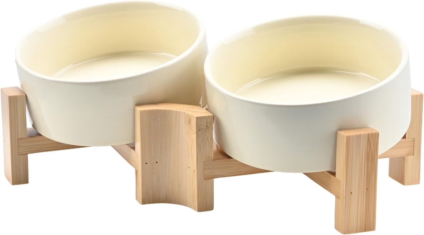 Slanted Ceramic Dog and Cat Bowl with Wooden Stand, Tilted Bulldog Food and Water Bowl No Slip Non-Spill for Cats Medium Dogs Big Face Pets 28.7 OZ (3.6 Cups, Grey × 2)
