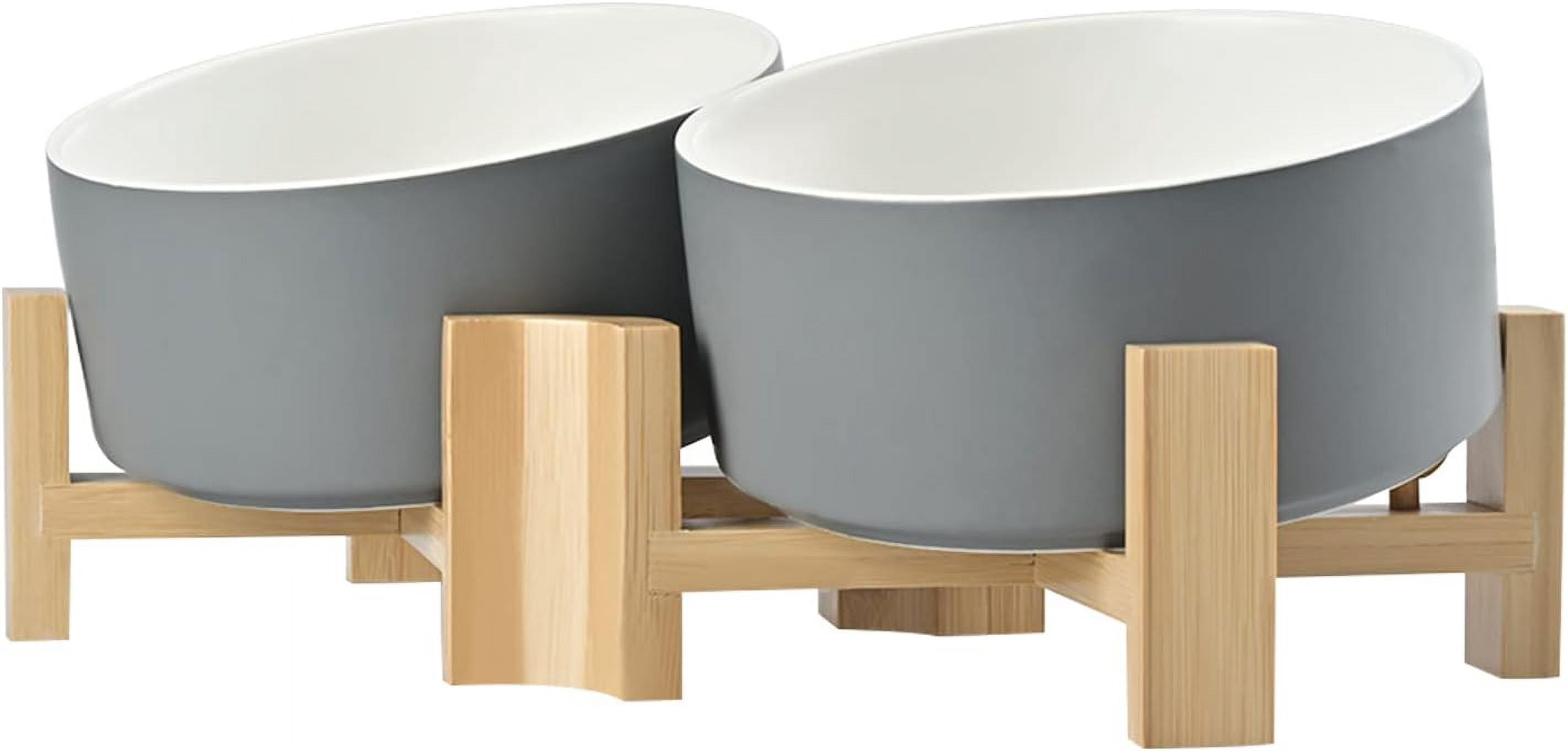 Slanted Ceramic Dog and Cat Bowl with Wooden Stand, Tilted Bulldog Food and Water Bowl No Slip Non-Spill for Cats Medium Dogs Big Face Pets 28.7 OZ (3.6 Cups, Grey × 2)