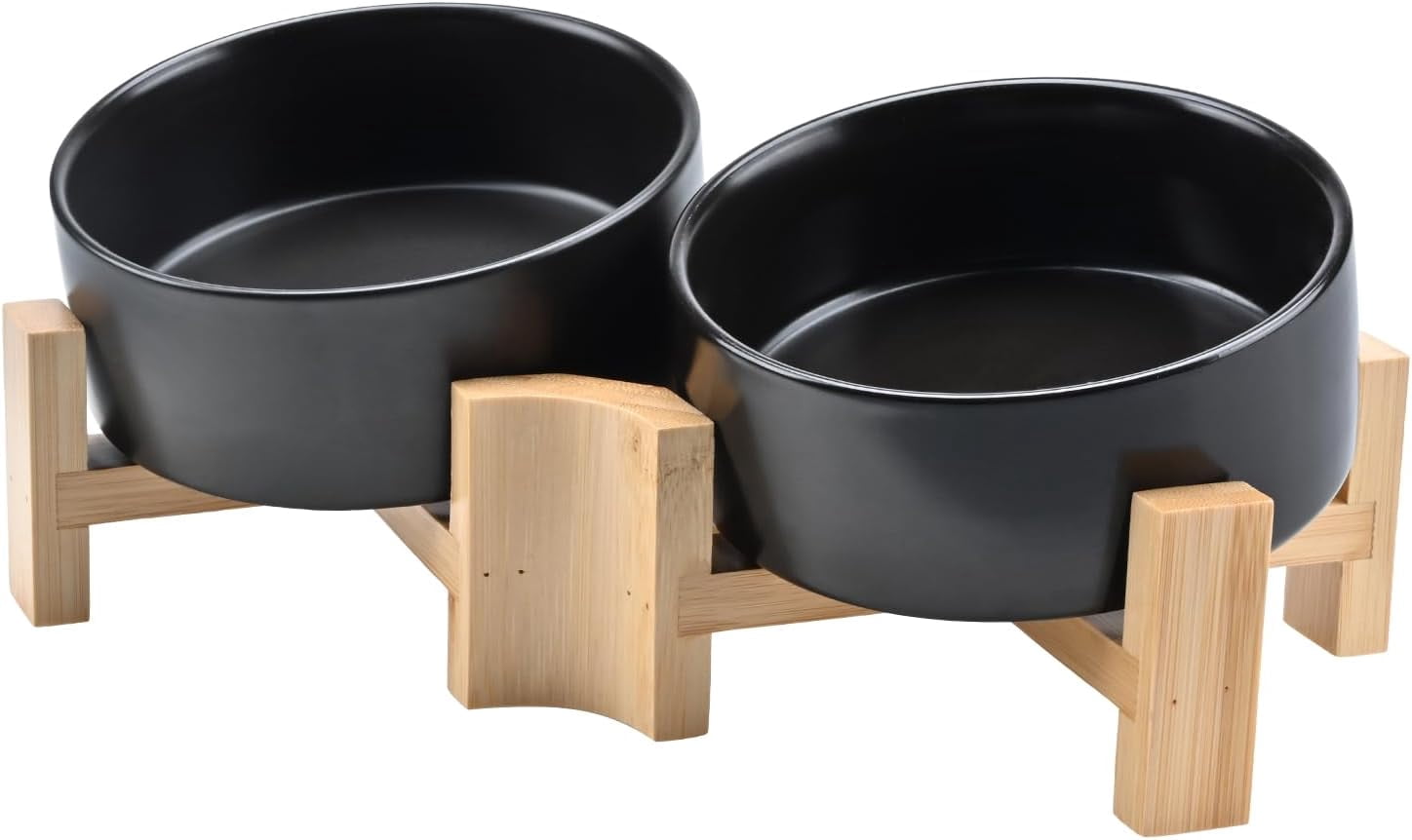 Slanted Ceramic Dog and Cat Bowl with Wooden Stand, Tilted Bulldog Food and Water Bowl No Slip Non-Spill for Cats Medium Dogs Big Face Pets 28.7 OZ (3.6 Cups, Grey × 2)