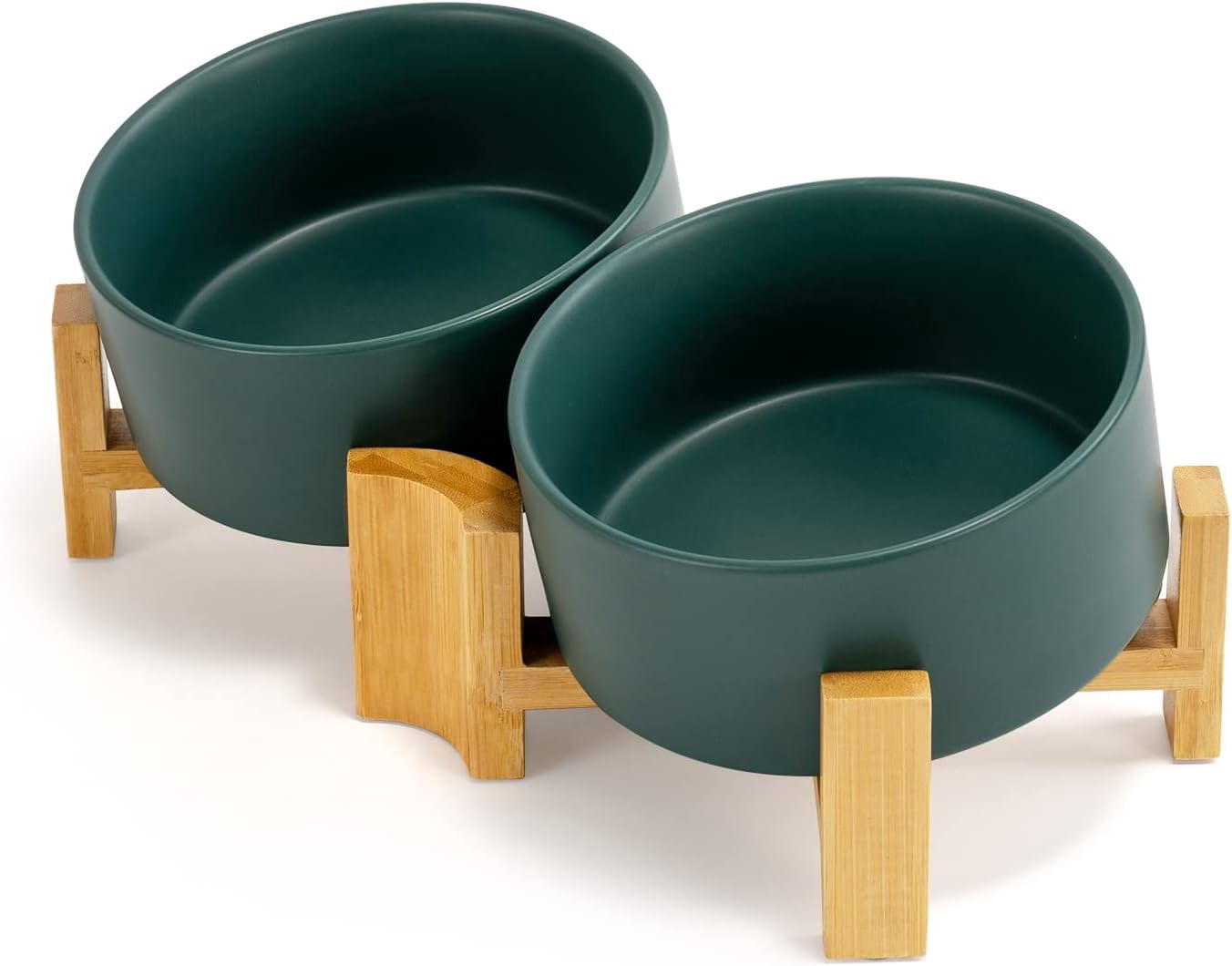 Slanted Ceramic Dog and Cat Bowl with Wooden Stand, Tilted Bulldog Food and Water Bowl No Slip Non-Spill for Cats Medium Dogs Big Face Pets 28.7 OZ (3.6 Cups, Grey × 2)