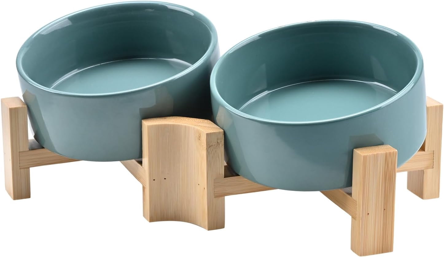 Slanted Ceramic Dog and Cat Bowl with Wooden Stand, Tilted Bulldog Food and Water Bowl No Slip Non-Spill for Cats Medium Dogs Big Face Pets 28.7 OZ (3.6 Cups, Grey × 2)