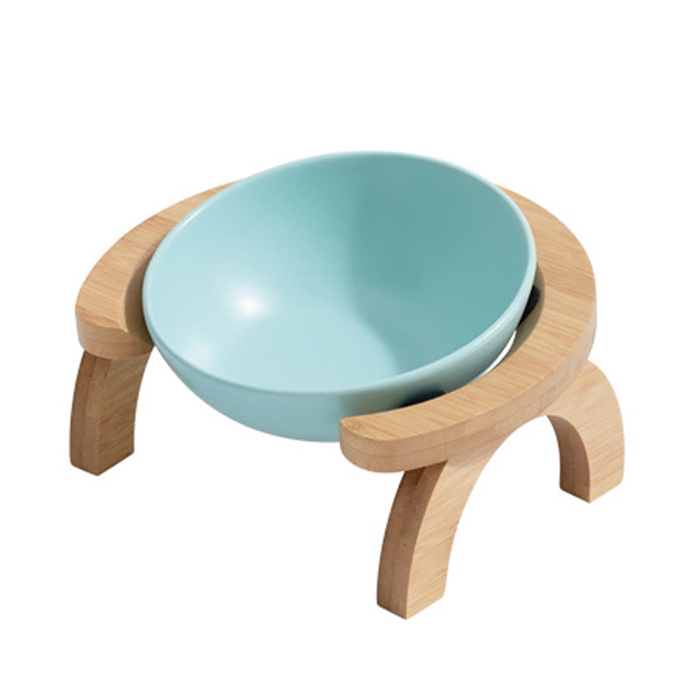 Slanted Ceramic Dog and Cat Bowl with Wooden Stand, Tilted Bulldog Food