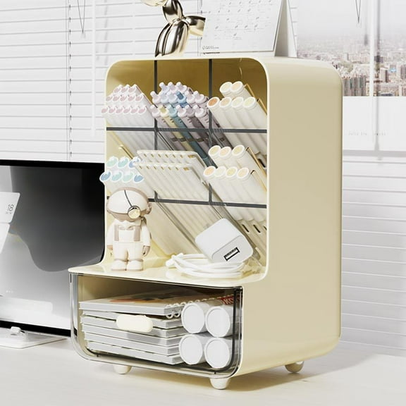 Slanted Desktop Storage Rack | 6 Tilted Compartments with Large Drawer | White Yellow Plastic Organizer for Office Home Dorm | 21.5 x 14.5 x 13.5 cm Compact Storage Box