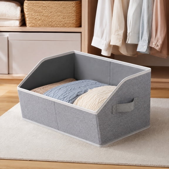 SlantedOpen Fabric Storage Bin,Trapezoidal LinenLike Organizer Basket With Side Handle,Foldable FrontLow Storage Box For Shelf Cabinet Closet Clothes Books Sundries Gray
