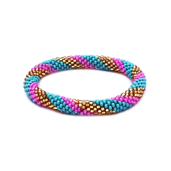 Slanted Striped Pattern Guatemalan Czech Glass Seed Beaded One Size Fits All Bangle Bracelet - Womens Fashion Handmade Jewelry Boho Accessories